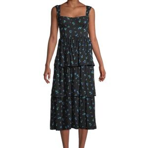 WeWoreWhat corset Tiered Cottagecore black Midi Dress with Blue Floral Pattern